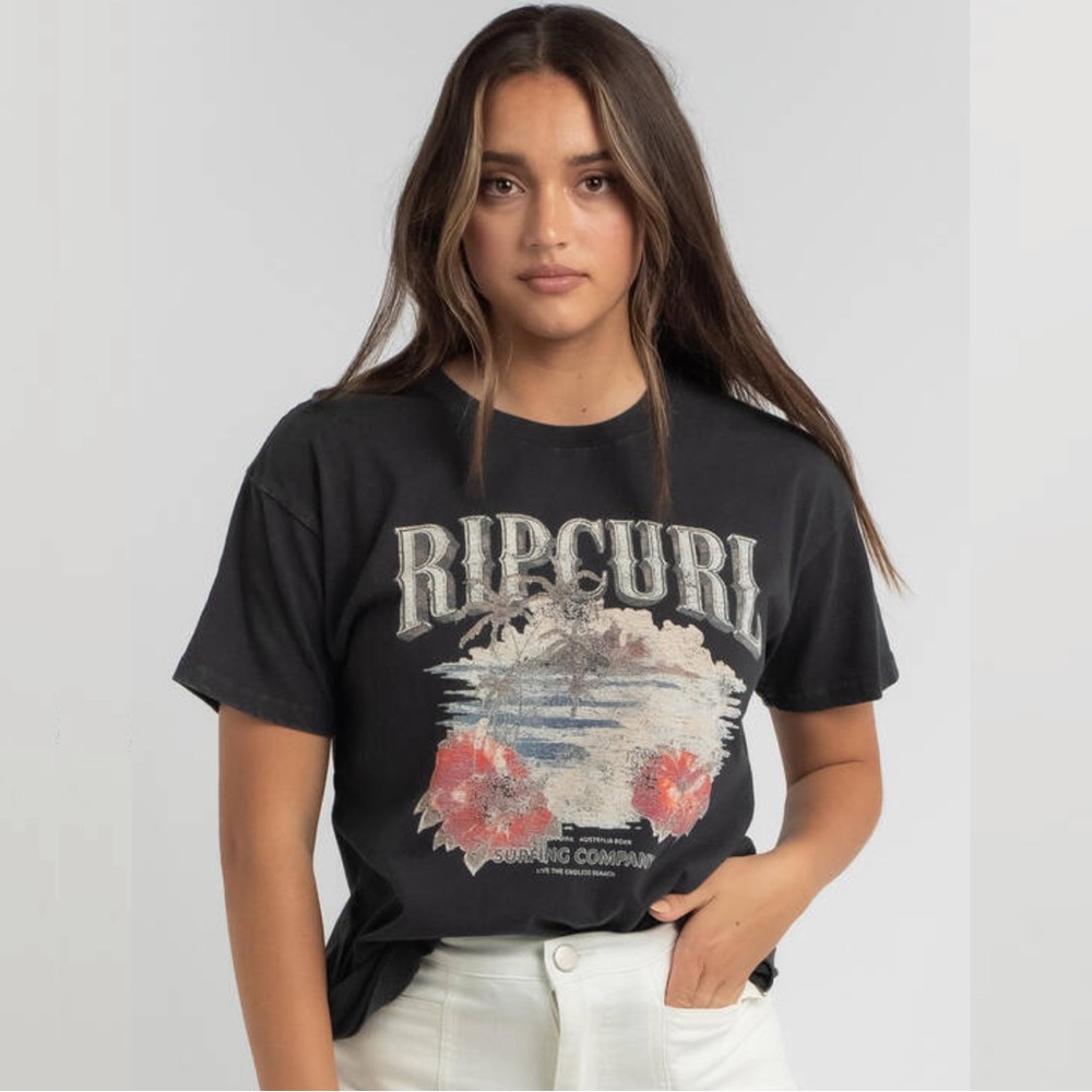 Womens Rip Curl Surf Short Sleeve Oversized Graphic Palm Tree Hibiscus T Shirt M